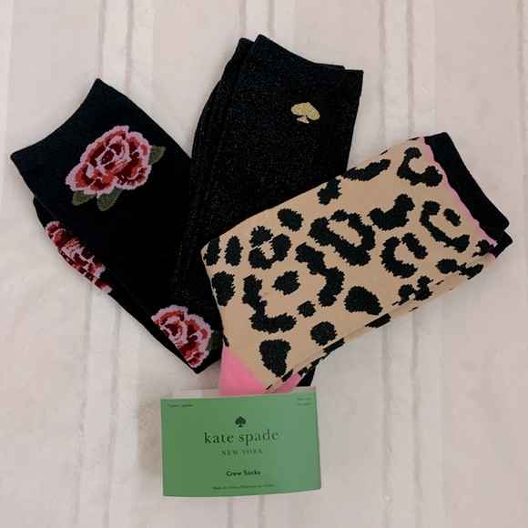 Kate Spade NY Crew Socks 3 Pairs One Size Leopard Roses Black - Picture 2 of 5